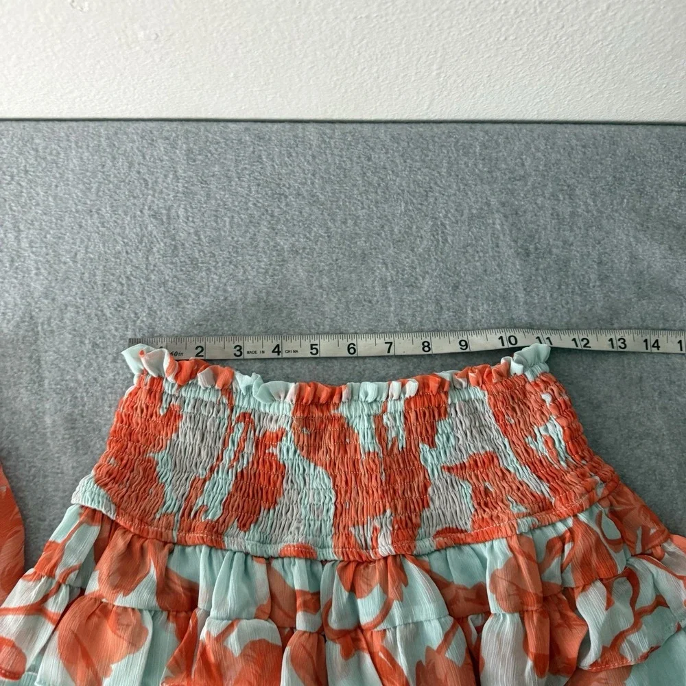 New Olivaceous Coral Blue Tiered Ruffle Skirt Smocked Top Set Womens Small